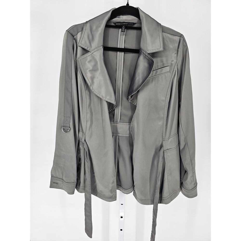 White House Black Market Womens Sz 6 Belted Satin Coat Silver Gray Blazer